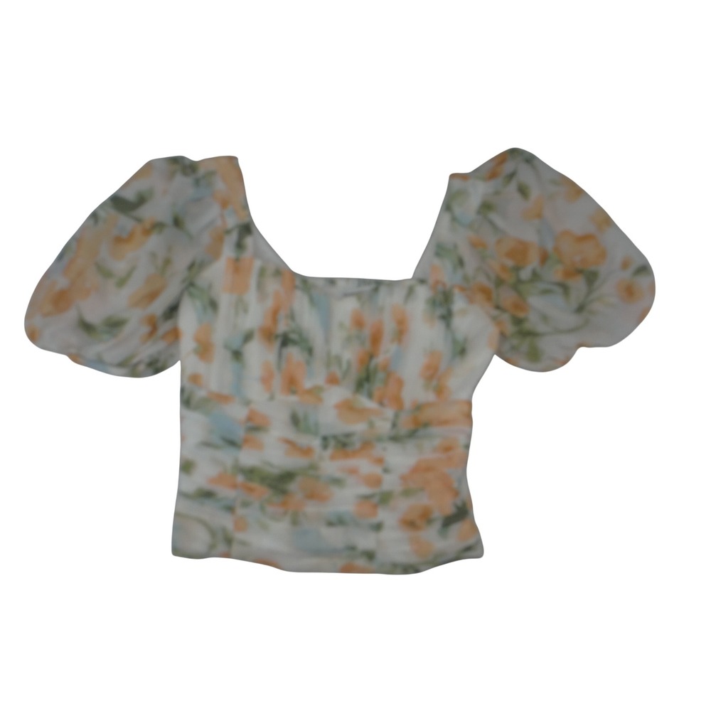 Abercrombie & Fitch Floral Puff Sleeve Square Neck Smocked Top Orange White M